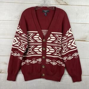 Forever 21 Cardigan Mens L Burgundy Aztec Southwestern Button Up Grandpa V Neck